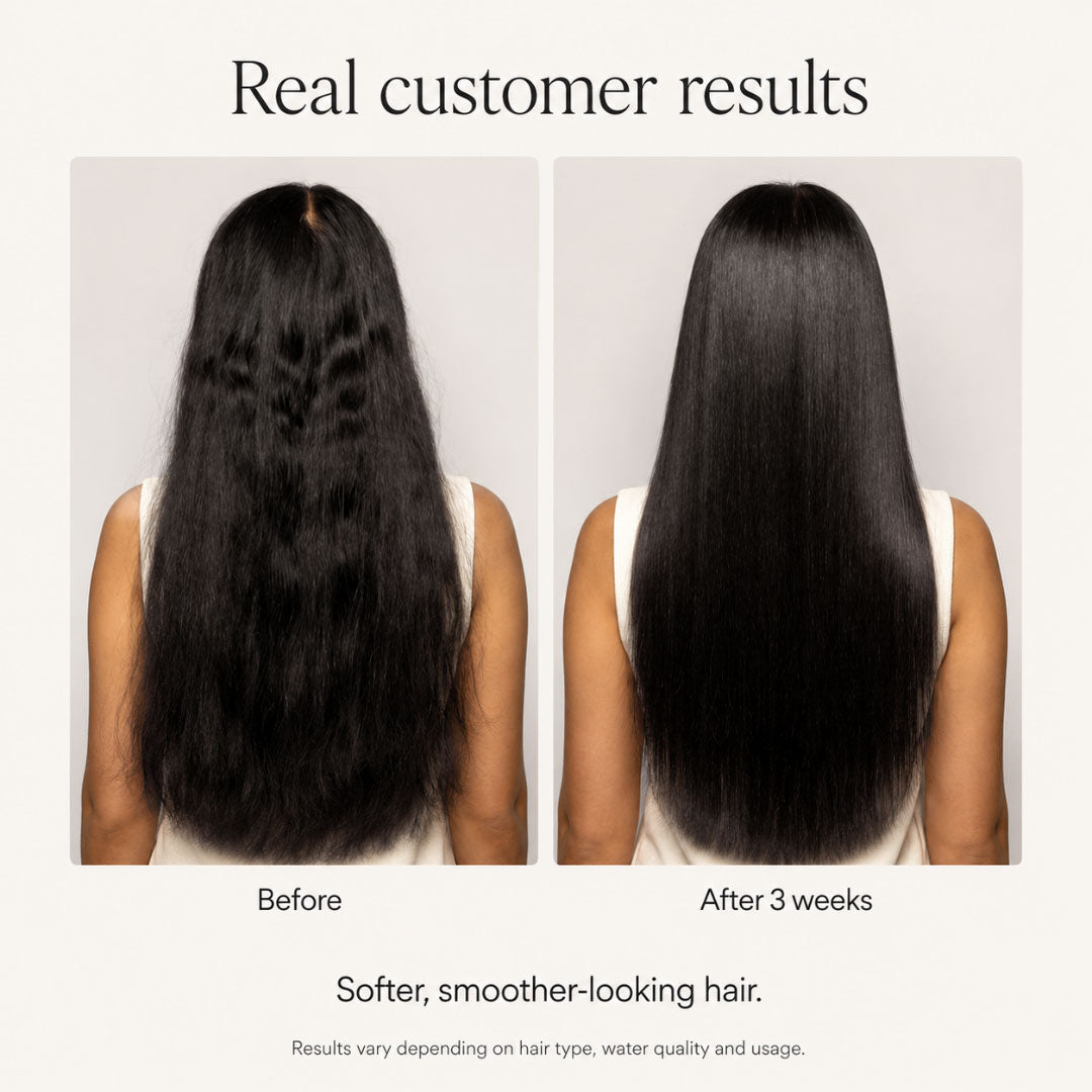 Shower filter Before and after comparison of hair treatment showing softer, smoother-looking hair.