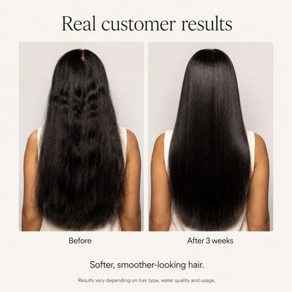 Shower filter Before and after comparison of hair treatment showing softer, smoother-looking hair.