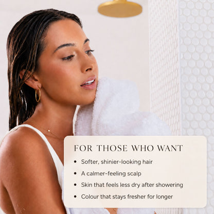 Woman with wet hair in a bathroom setting, with text about hair care benefits.